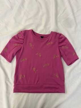 Ann Taylor Women's Fuchsia Short-Sleeve Top with Gold Leaf stitching
